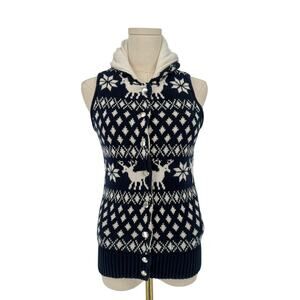 Vintage Y2K Forever 21 Hooded Sweater Vest Holiday Reindeer Knit Navy Blue Sz S
